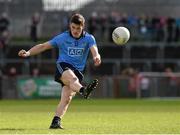6 April 2014; Diarmuid Connolly kicks what proved to be the winning point for Dublin. Allianz Football League, Division 1, Round 7, Tyrone v Dublin, Healy Park, Omagh, Co. Tyrone. Picture credit: Ray McManus / SPORTSFILE