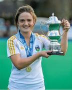 6 April 2014; UCD captain Sarah Greene with the cup at the end of the match. Irish Senior Women's Hockey League Final, UCD v Railway Union, Banbridge Hockey Club, Banbridge, Co. Antrim.  Picture credit: Ramsey Cardy / SPORTSFILE