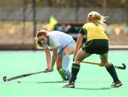 6 April 2014; Sarah Robinson, UCD, in action against Kate Lloyd, Railway Union. Irish Senior Women's Hockey League Final, UCD v Railway Union, Banbridge Hockey Club, Banbridge, Co. Antrim.  Picture credit: Ramsey Cardy / SPORTSFILE