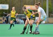 6 April 2014; Emer Lucey, Railway Union, in action against Deirdre Duke, UCD. Irish Senior Women's Hockey League Final, UCD v Railway Union, Banbridge Hockey Club, Banbridge, Co. Antrim.  Picture credit: Ramsey Cardy / SPORTSFILE