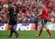 5 April 2014; Yohan Montes, Toulouse, and Dave Kilcoyne, Munster, leave the pitch after being sin binned by referee Nigel Owens. Heineken Cup Quarter-Final, Munster v Toulouse. Thomond Park, Limerick. Picture credit: Diarmuid Greene / SPORTSFILE