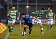 7 April 2014; Gareth Matthews, UCD, in action against Gary McCabe, left, and Ronan Finn, Shamrock Rovers. Airtricity League Premier Division, Shamrock Rovers v UCD, Tallaght Stadium, Tallaght, Co. Dublin. Picture credit: David Maher / SPORTSFILE