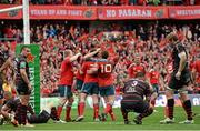 5 April 2014; Munster's Paul O'Connell is congratulated by team-mates John Ryan, JJ Hanrahan and Ian Keatley after scoring his side's sixth try. Heineken Cup Quarter-Final, Munster v Toulouse. Thomond Park, Limerick. Picture credit: Diarmuid Greene / SPORTSFILE