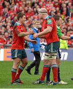 5 April 2014; Munster's Ian Keatley and Paul O'Connell exchange a handshake after the game. Heineken Cup Quarter-Final, Munster v Toulouse. Thomond Park, Limerick. Picture credit: Diarmuid Greene / SPORTSFILE