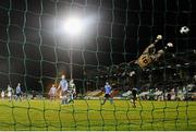 7 April 2014; Shamrock Rovers' Ryan Brennan, far left, shoots to beat UCD goalkeeper Conor O'Donnell to score his side's second goal. Airtricity League Premier Division, Shamrock Rovers v UCD, Tallaght Stadium, Tallaght, Co. Dublin. Picture credit: David Maher / SPORTSFILE