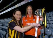 29 November 2005; Abbeydorney, Kerry, captain Edel O'Connell, left, and Clann Eireann, Armagh, captain Denise Hagan at a photocall ahead of the Intermediate Ladies Club Final which will take place on Sunday, 4th December, Croke Park, Dublin. Picture credit: Damien Eagers / SPORTSFILE