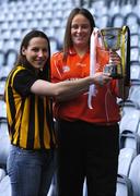 29 November 2005; Abbeydorney, Kerry, captain Edel O'Connell, left, and Clann Eireann, Armagh, captain Denise Hagan at a photocall ahead of the Intermediate Ladies Club Final which will take place on Sunday, next 4th December, Croke Park, Dublin. Picture credit: Damien Eagers / SPORTSFILE
