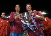 4 December 2005; Drogheda United's Graham Gartland, left, and team-mate Mark Rooney celebrate with the cup after the match. Carlsberg FAI Cup Final, Drogheda United v Cork City, Lansdowne Road, Dublin. Picture credit: Brian Lawless / SPORTSFILE