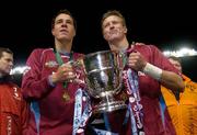 4 December 2005; Drogheda United's Graham Gartland, left, and team-mate Mark Rooney celebrate with the cup after the match. Carlsberg FAI Cup Final, Drogheda United v Cork City, Lansdowne Road, Dublin. Picture credit: Brian Lawless / SPORTSFILE