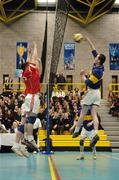 13 December 2005; Joseph McHugh, St Louis College, Kiltimagh, Mayo in action against Dermot McKeon, Drumshambo Vocational School, Leitrim. All-Ireland Colleges Volleyball, Boys Senior A Final, St Louis College, Kiltimagh, Mayo v Drumshambo Vocational School, Leitrim, UCD, Dublin. Picture credit: Damien Eagers / SPORTSFILE