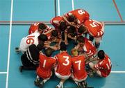 13 December 2005; Drumshambo Vocational School, Leitrim team form a huddle during a time-out. All-Ireland Colleges Volleyball, Boys Senior A Final, St Louis College, Kiltimagh, Mayo v Drumshambo Vocational School, Leitrim, UCD, Dublin. Picture credit: Damien Eagers / SPORTSFILE