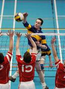 13 December 2005; Joseph McHugh, St Louis College, Kiltimagh, in action against Ciaran Kelly, 15 and Martin Raftery, Drumshambo Vocational School, Leitrim. All-Ireland Colleges Volleyball, Boys Senior A Final, St Louis College, Kiltimagh, Mayo v Drumshambo Vocational School, Leitrim, UCD, Dublin. Picture credit: Damien Eagers / SPORTSFILE