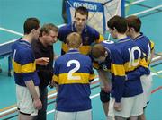 13 December 2005; The St Louis College, Kiltimagh team, listen to coach Murt Dunleavy, All-Ireland Colleges Volleyball, Boys Senior A Final, St Louis College, Kiltimagh v Drumshambo Vocational School, Leitrim, UCD, Dublin. Picture credit: Damien Eagers / SPORTSFILE