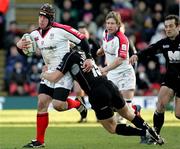 17 December 2005; Neil McMillan, Ulster, is tackled by Dan Scarborough, Saracens. Heineken Cup 2005-2006, Pool 4, Round 4, Saracens v Ulster, Vicarage Road, Watford, London, England. Picture credit: Oliver McVeigh / SPORTSFILE