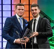 2 March 2014; Pierce Sweeney, from Dublin and playing for Reading, is presented with the U.19 International player of the year award by Republic of Ireland International Shane Long. Three FAI International Football Awards, RTE Studios, Donnybrook, Dublin. Picture credit: David Maher / SPORTSFILE