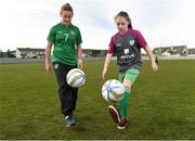 8 April 2014; Republic of Ireland Senior International Rachel Graham with Katie O'Brien, Skerries Town FC, at the launch of the Aviva Soccer Sisters Easter Camps at Skerries Town FC. The Soccer Sisters Camps will take place at 88 locations across Ireland over the Easter break and are for girls between the ages of 7-12 years old with camps catering for all skill levels. For more information and a list of locations log on to www.FAI.ie/SoccerSisters. Picture credit: Barry Cregg / SPORTSFILE