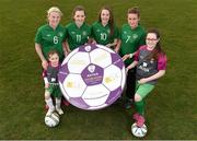 8 April 2014; Republic of Ireland U-17 International Savannah McCarthy, left, Republic of Ireland U-19 International Katie McCabe, Republic of Ireland U-16 International Eleanor Ryan and Republic of Ireland Senior International Rachel Graham with Gráinne Jordan-McDermott, left, and Caitlinn McManus, Skerries Town FC, at the launch of the Aviva Soccer Sisters Easter Camps at Skerries Town FC. The Soccer Sisters Camps will take place at 88 locations across Ireland over the Easter break and are for girls between the ages of 7-12 years old with camps catering for all skill levels. For more information and a list of locations log on to www.FAI.ie/SoccerSisters. Picture credit: Barry Cregg / SPORTSFILE