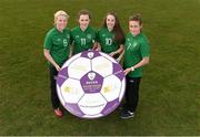 8 April 2014; Republic of Ireland U-17 International Savannah McCarthy, left, Republic of Ireland U-19 International Katie McCabe, Republic of Ireland U-16 International Eleanor Ryan and Republic of Ireland Senior International Rachel Graham at the launch of the Aviva Soccer Sisters Easter Camps at Skerries Town FC. The Soccer Sisters Camps will take place at 88 locations across Ireland over the Easter break and are for girls between the ages of 7-12 years old with camps catering for all skill levels. For more information and a list of locations log on to www.FAI.ie/SoccerSisters. Picture credit: Barry Cregg / SPORTSFILE