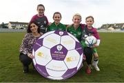 8 April 2014; Becky Perez, Focus Ireland, left, Republic of Ireland U-19 International Katie McCabe and Republic of Ireland U-17 International Savannah McCarthy with Caitlinn McManus, left, and Gráinne Jordan-McDermott, Skerries Town FC, at the launch of the Aviva Soccer Sisters Easter Camps at Skerries Town FC. The Soccer Sisters Camps will take place at 88 locations across Ireland over the Easter break and are for girls between the ages of 7-12 years old with camps catering for all skill levels. For more information and a list of locations log on to www.FAI.ie/SoccerSisters. Picture credit: Barry Cregg / SPORTSFILE