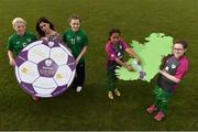 8 April 2014; Republic of Ireland U-17 International Savannah McCarthy, left, Becky Perez, Focus Ireland, Republic of Ireland U-19 International Katie McCabe with Ella Hilliard and Caitlinn McManus, right, Skerries Town FC, at the launch of the Aviva Soccer Sisters Easter Camps at Skerries Town FC. The Soccer Sisters Camps will take place at 88 locations across Ireland over the Easter break and are for girls between the ages of 7-12 years old with camps catering for all skill levels. For more information and a list of locations log on to www.FAI.ie/SoccerSisters. Picture credit: Barry Cregg / SPORTSFILE
