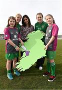 8 April 2014; Republic of Ireland U-17 International Savannah McCarthy, second from left, Becky Perez, Focus Ireland, Republic of Ireland U-19 International Katie McCabe with Rebecca Walsh, left, and Katie O'Brien, Skerries Town FC, at the launch of the Aviva Soccer Sisters Easter Camps at Skerries Town FC. The Soccer Sisters Camps will take place at 88 locations across Ireland over the Easter break and are for girls between the ages of 7-12 years old with camps catering for all skill levels. For more information and a list of locations log on to www.FAI.ie/SoccerSisters. Picture credit: Barry Cregg / SPORTSFILE