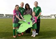 8 April 2014; Republic of Ireland U-17 International Savannah McCarthy, second from left, Becky Perez, Focus Ireland, Republic of Ireland U-19 International Katie McCabe with Tia Mulvey, left, and Grainne Jordan-McDermott, Skerries Town FC, at the launch of the Aviva Soccer Sisters Easter Camps at Skerries Town FC. The Soccer Sisters Camps will take place at 88 locations across Ireland over the Easter break and are for girls between the ages of 7-12 years old with camps catering for all skill levels. For more information and a list of locations log on to www.FAI.ie/SoccerSisters. Picture credit: Barry Cregg / SPORTSFILE