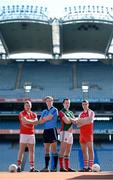 10 April 2014; In attendance at Croke Park ahead of this weekend's Allianz Football League Division 1 Semi-Finals are, from left, Brian Hurley, Cork, Kevin Nolan, Dublin, and Cillian O'Connor, Mayo and Ciarán McFaul, Derry. Croke Park, Dublin. Picture credit: Brendan Moran / SPORTSFILE