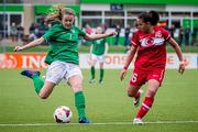 10 April 2014; Sarah Rowe, Republic of Ireland, shoots to score her side's first goal despite the efforts of Bahar Guvenc, Turkey. UEFA Women's U19 Qualifying Round, Turkey v Republic of Ireland, VVOG Harderwijk, De Strokel, Harderwijk, Netherlands. Picture credit: Erwin Spek / SPORTSFILE