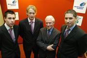 13 December 2005; Young rally drivers Ian Barrett, Maynooth, Co. Kildare, left, Kevin Kelleher, Clonakilty, Co. Cork, and Gareth MacHale, Rathcoole, Dublin, right, with former Irish international rally driver Billy Coleman at the announcement of the winner of the Billy Coleman Young Rally Driver of the Year Award for 2005. Motorsport Ireland Headquarters, Dublin. Picture credit; Pat Murphy / SPORTSFILE