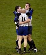 18 December 2005; Cork Constitution players from left Conrad O'Sullivan, Cronan Healy and Andrew O'Brien celebrate at the end of the match. AIB Cup 2005-2006, Round 1, Shannon v Cork Constitution, Thomond Park, Limerick. Picture credit: Damien Eagers / SPORTSFILE