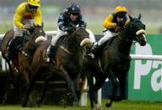 29 December 2005; Eventual winner Rocket Ship, right, with Paul Carberry up, clears the last on their way to winning the Bewleys Hotel Leeds Hurdle, from eventual second Maxxium, Johnny Murtagh up, centre. Leopardstown Racecourse, Co. Dublin. Picture credit: Brian Lawless / SPORTSFILE