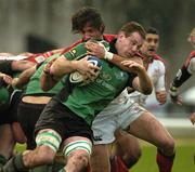 31 December 2005; Colm Rigney, Connacht, is tackled by Neil Best, Ulster. Celtic League 2005-2006, Group A, Connacht v Ulster, Sportsground, Galway. Picture credit: Ray McManus / SPORTSFILE