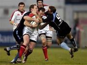 7 January 2006; James Topping, Ulster, is tackled by Graeme Beveridge (9) and Graeme Morrison, Glasgow Warriors. Celtic League 2005-2006, Group A, Ulster v Glasgow Warriors, Ravenhill, Belfast. Picture credit: Matt Browne / SPORTSFILE