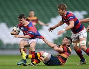 11 April 2014; Max McFarland, Clontarf, is tackled by Mark Roche, Lansdowne. Ulster Bank League Division 1A, Lansdowne v Clontarf, Aviva Stadium, Lansdowne Road, Dublin. Photo by Sportsfile