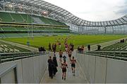 11 April 2014; The Lansdowne team make their way out on to the pitch for the start of the game. Ulster Bank League Division 1A, Lansdowne v Clontarf, Aviva Stadium, Lansdowne Road, Dublin. Photo by Sportsfile