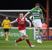 11 April 2014; Ciaran Kilduff, Shamrock Rovers, in action against Sean Hoare, St Patrick's Athletic. Airtricity League Premier Division, St Patrick's Athletic v Shamrock Rovers, Richmond Park, Dublin. Picture credit: David Maher / SPORTSFILE