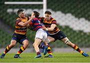 11 April 2014; Max McFarland, Clontarf, is tackled by Tyrone Moran, left, and Clive Ross, Lansdowne. Ulster Bank League Division 1A, Lansdowne v Clontarf, Aviva Stadium, Lansdowne Road, Dublin. Photo by Sportsfile