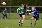 12 April 2014; Ellee McEvoy, Gallen CS Ferbane, in action against Claire Hennebry, Scoil Mhuire Carrick-On-Suir. Tesco HomeGrown Post Primary School Junior C, Gallen CS Ferbane, Co. Offaly v Scoil Mhuire Carrick-On-Suir, Co. Tipperary. Crettyard GAA, Crettyard, Co. Laois. Picture credit: Barry Cregg / SPORTSFILE