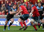 12 April 2014; Duncan Weir, Glasgow Warriors, in action against John Ryan, left, and James Coughlan, Munster. Celtic League 2013/14 Round 19, Munster v Glasgow Warriors, Thomond Park, Limerick. Picture credit: Diarmuid Greene / SPORTSFILE