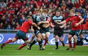 12 April 2014; Dougie Hall, Glasgow Warriors, is tacled by BJ Botha, left, and Sean Dougal, Munster. Celtic League 2013/14 Round 19, Munster v Glasgow Warriors, Thomond Park, Limerick. Picture credit: Diarmuid Greene / SPORTSFILE
