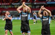 12 April 2014; Glasgow Warriors players, Gordon Reid, left, Rob Harley, centre, and Chris Cusiter, right, acknowledge supporters after victory over Munster. Celtic League 2013/14 Round 19, Munster v Glasgow Warriors, Thomond Park, Limerick. Picture credit: Diarmuid Greene / SPORTSFILE