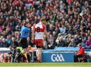 13 April 2014; Fergal Doherty of Derry is shown a red card, second yellow, by referee Pádraig Hughes in the first half. Allianz Football League Division 1 Semi-Final, Derry v Mayo, Croke Park, Dublin. Picture credit: Ray McManus / SPORTSFILE