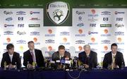 16 January 2006; Steve Staunton, centre, with, from left, John Delaney, Chief Executive, FAI, Kevin McDonald, team coach, Sir Bobby Robson, International Football Consultant and Alan Kelly, goalkeeping coach, at an FAI press conference to confirm his appointment as the new Manager of the Republic of Ireland Senior International Soccer Team. Mansion House, Dublin. Picture credit: Brendan Moran / SPORTSFILE
