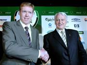 16 January 2006; Steve Staunton shakes hands with Sir Bobby Robson, International Football consultant, at an FAI press conference to confirm his appointment as the new Manager of the Republic of Ireland Senior International Soccer Team. Mansion House, Dublin. Picture credit: David Maher / SPORTSFILE