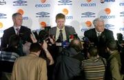 16 January 2006; Steve Staunton, centre, team coach Kevin McDonald, left, and Sir Bobby Robson, International Football Consultant, are besieged by photographers at an FAI press conference to confirm his appointment as the new Manager of the Republic of Ireland Senior International Soccer Team. Mansion House, Dublin. Picture credit: Brendan Moran / SPORTSFILE