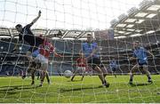 13 April 2014; The ball comes off Nicky Devereux, Dublin, after a challange from Cork's Mark Collins and Dublin goalkeeper Stephen Cluxton. Allianz Football League Division 1 Semi-Final, Cork v Dublin, Croke Park, Dublin. Picture credit: David Maher / SPORTSFILE