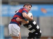 13 April 2014; Timmy McCoy, Clontarf, is tackled by Kevin Barden, Old Belvedere. 98FM Metro Cup Final, Old Belvedere v Clontarf, Donnybrook Stadium, Donnybrook, Dublin. Picture credit: Pat Murphy / SPORTSFILE