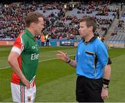 13 April 2014; Match referee Padraig Hughes speaks to Mayo captain Andy Moran before the game. Allianz Football League Division 1 Semi-Final, Derry v Mayo, Croke Park, Dublin. Picture credit: Ray McManus / SPORTSFILE