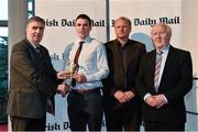 14 April 2014; Fergal McNamara, UCC and Kerry footballer, is presented with his Irish Daily Mail Future Champions Award award by, from left to right, Gerry Tully, Chairman Comhairle Ardoideachais, Teddy McCarthy, former Cork dual star and Irish Daily Mail columnist, and Robert Frost, Munster Council Chairman. Irish Daily Mail Future Champions Awards 2014, Devere Hall, UCC Student Centre, UCC, Cork. Picture credit: Diarmuid Greene / SPORTSFILE