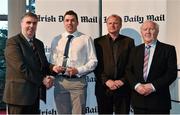 14 April 2014; Tom Clancy, UCC and Cork footballer, is presented with his Irish Daily Mail Future Champions Award award by, from left to right, Gerry Tully, Chairman Comhairle Ardoideachais, Teddy McCarthy, former Cork dual star and Irish Daily Mail columnist, and Robert Frost, Munster Council Chairman. Irish Daily Mail Future Champions Awards 2014, Devere Hall, UCC Student Centre, UCC, Cork. Picture credit: Diarmuid Greene / SPORTSFILE
